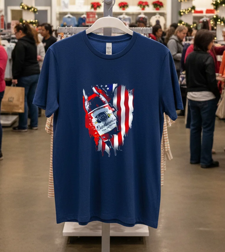 Budweiser Bottle King Of Beers American Flag - navy-t-shirt Budweiser Bottle King Of Beers American Flag   Navy T Shirt