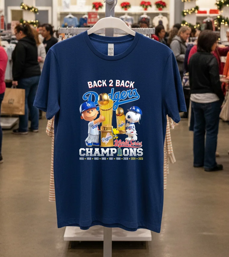 Charlie Brown And Snoopy Los Angeles Dodgers Snoopy Back 2 Back Champions Navy T Shirt
