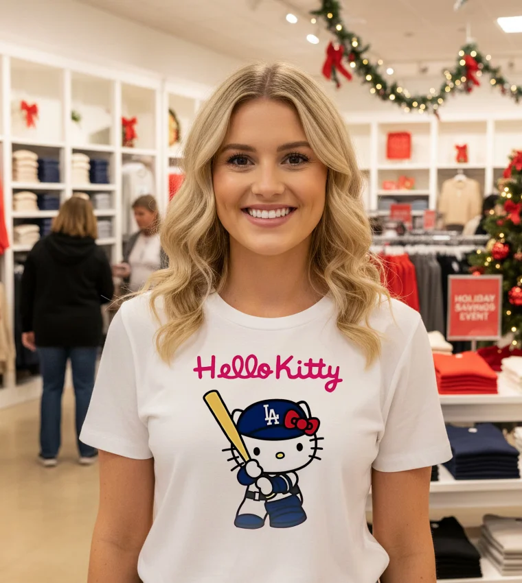 Hello Kitty X Los Angeles Dodgers 2025 Back To Back World Series Pink Baseball White T Shirt