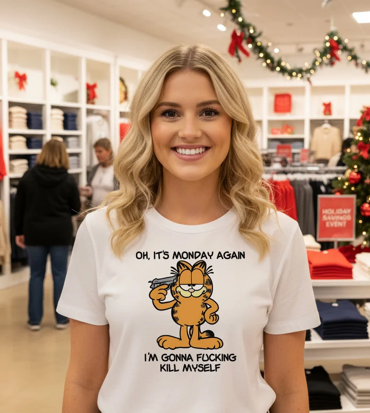 Oh It S Monday Again I M Gonna Fucking Kill Myself Garfield - white-t-shirt Oh It S Monday Again I M Gonna Fucking Kill Myself Garfield   White T Shirt