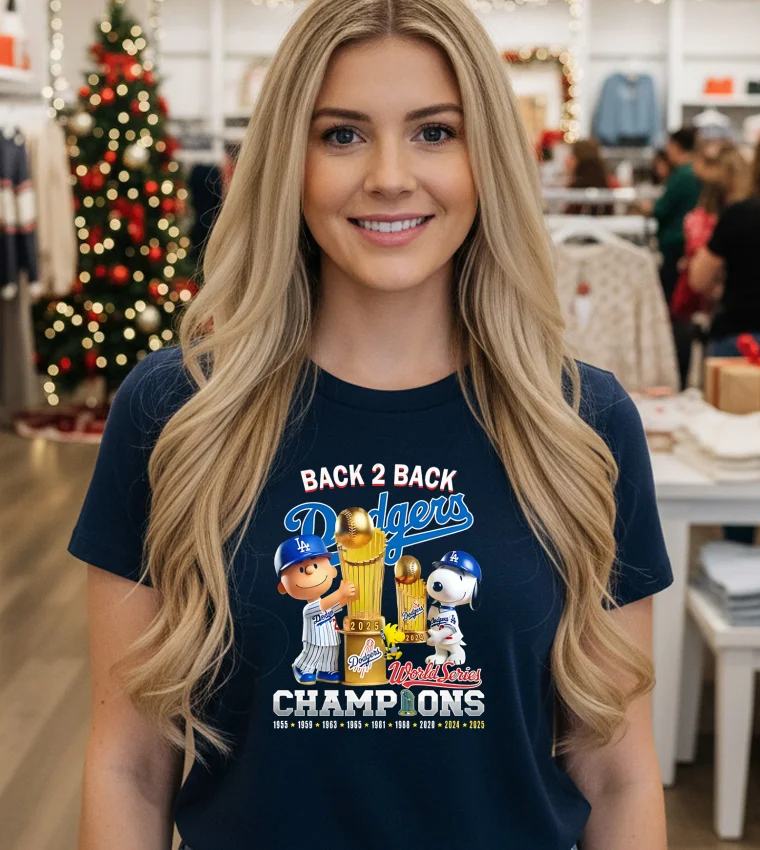 Charlie Brown And Snoopy Los Angeles Dodgers Snoopy Back 2 Back Champions Black T Shirt 1