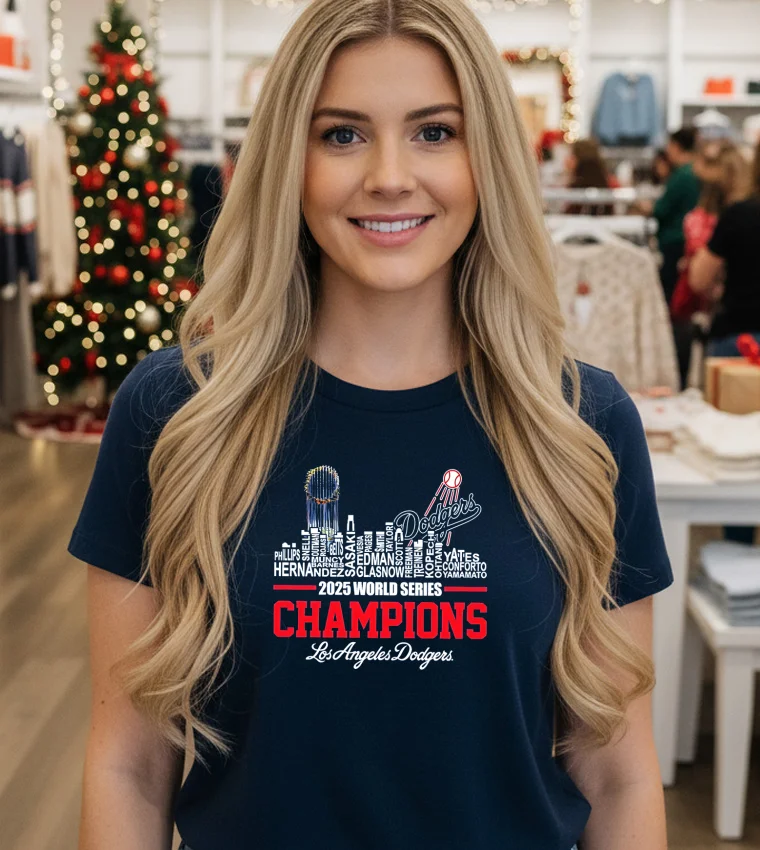 Los Angeles Dodgers 2025 World Series Champs Skyline Black T Shirt 1