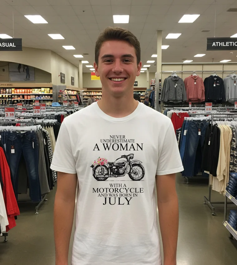 Never Underestimate A Woman With A Motorcycle Who Was Born In July - white-t-shirt Never Underestimate A Woman With A Motorcycle Who Was Born In July   White T Shirt