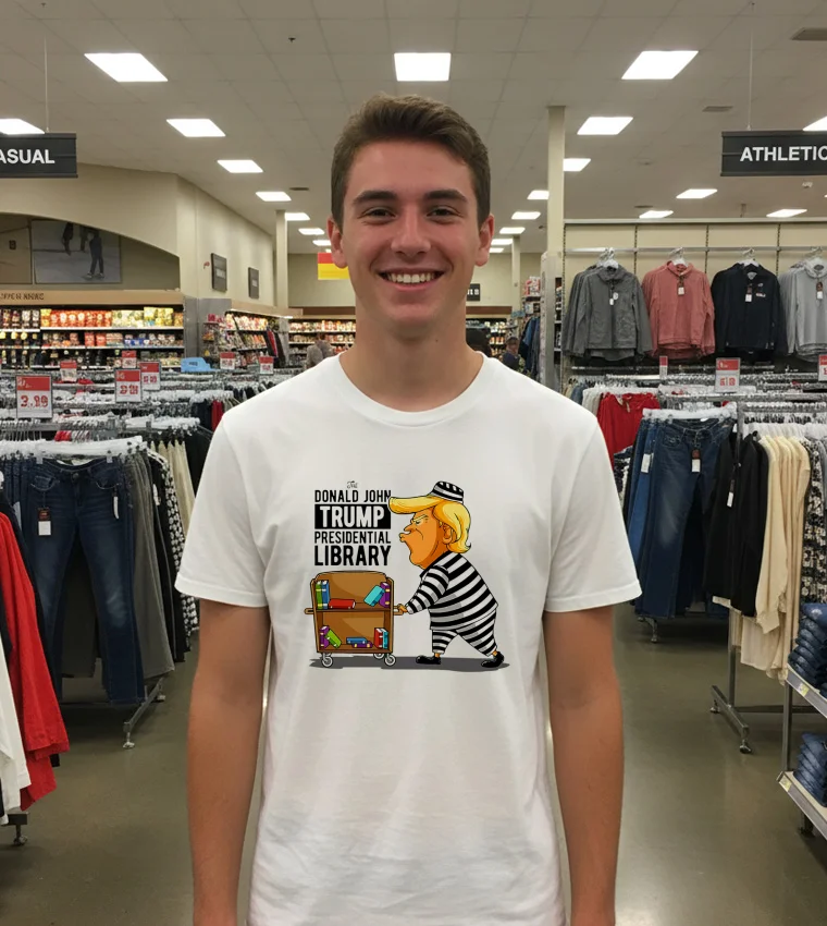 The Donald John Trump Presidential Library Cartoon - white-t-shirt The Donald John Trump Presidential Library Cartoon   White T Shirt