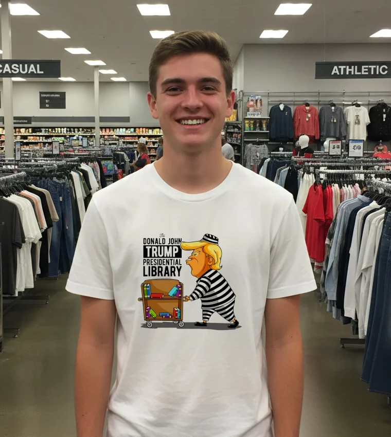 The Donald John Trump Presidential Library Cartoon - white-t-shirt The Donald John Trump Presidential Library Cartoon   White T Shirt